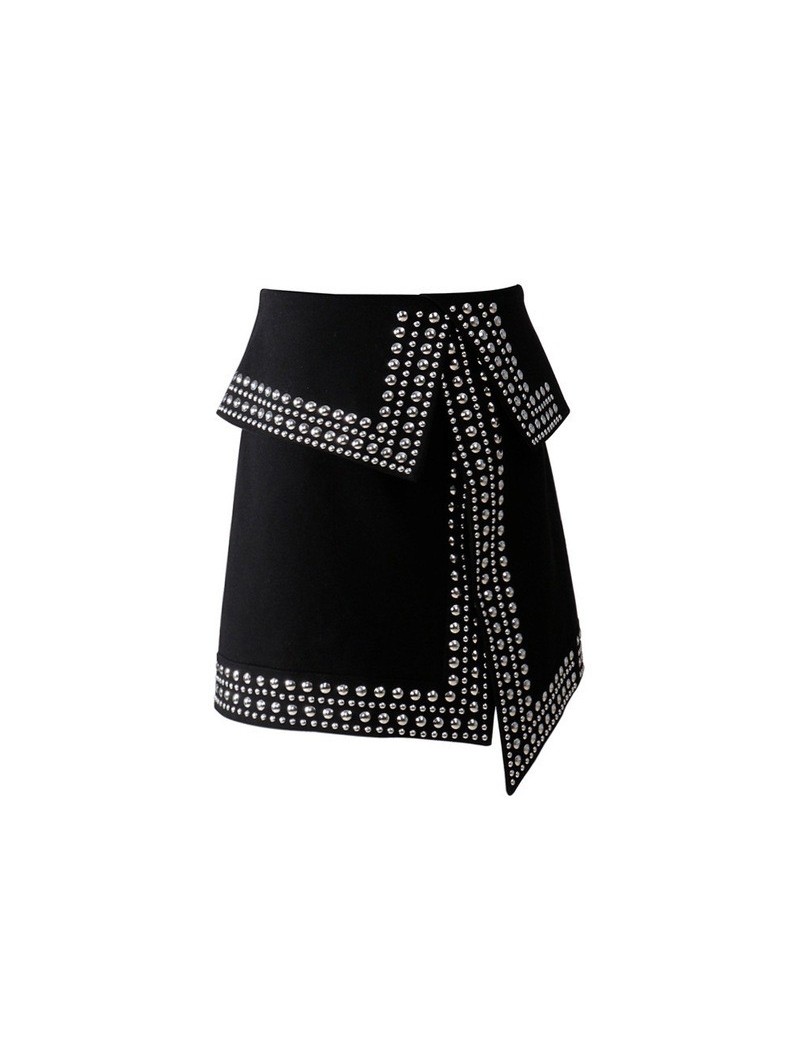 Rivet Patchwork Skirt For Women Split Asymmetrical High Waist Bodycon Zipper Skirts Spring Fashion Sexy Clothing - black - 4...