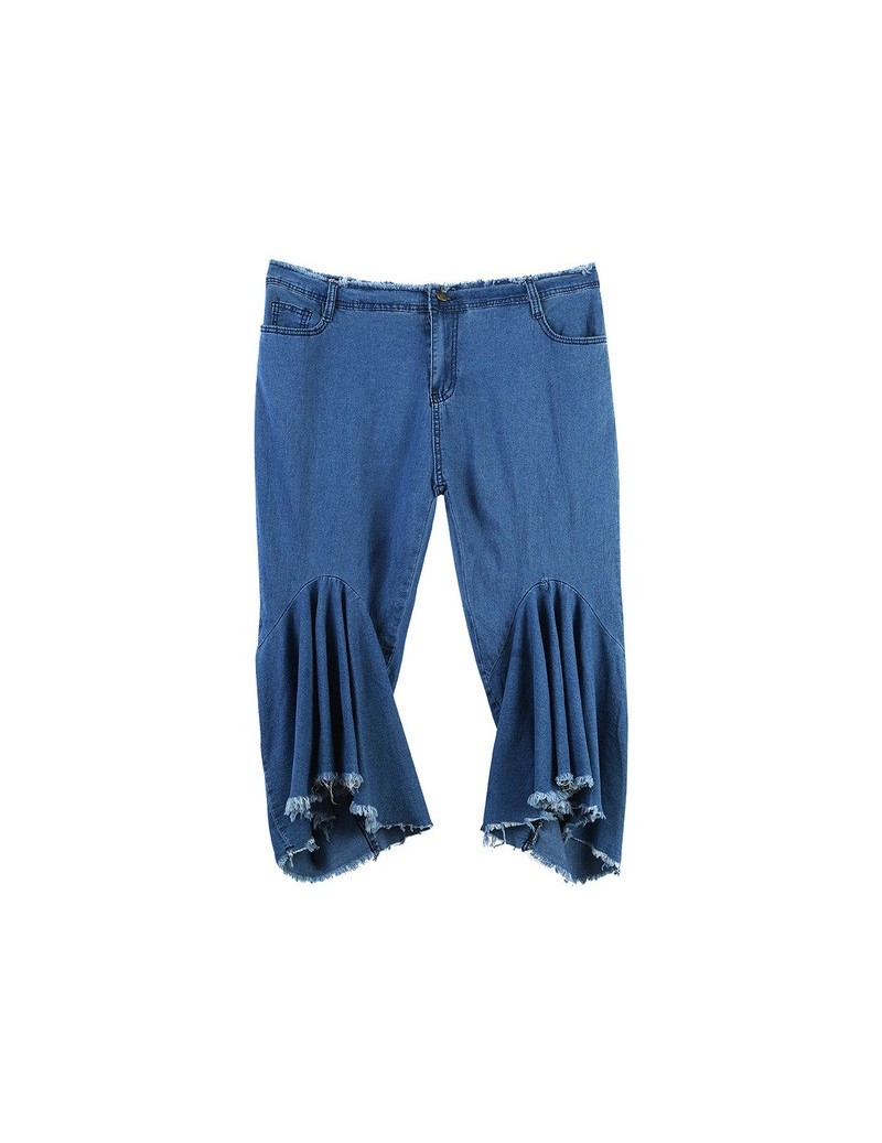 Women 2019 Patchwork Denim Summer Elastic Plus Loose Denim Pocket Button Casual Boot Cut Pant Jeans Fashion Women's Pants m8...