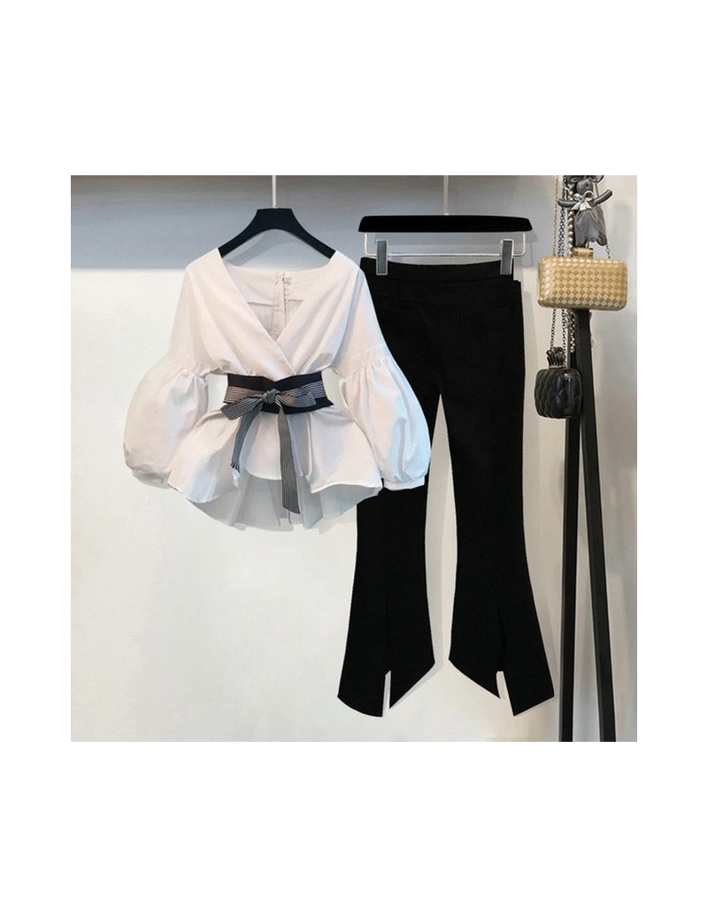 Women's Sets New 2019 Spring Summer Striped Bow Lantern Sleeve Blouse Women's Pants Set + Black Split flare trousers 2 PCS Su...