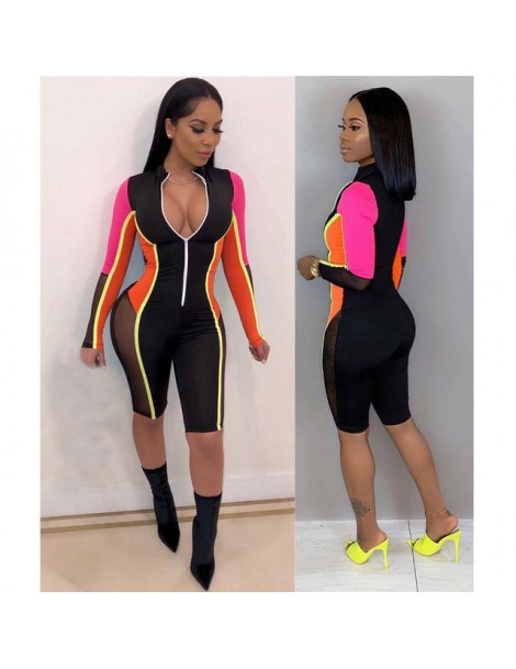 Rompers Women Long Sleeves Cropped Jumpsuit Colors Patchwork Mesh Bodycon Sports Coveralls JS26 - As shown - 4000092318898 $1...
