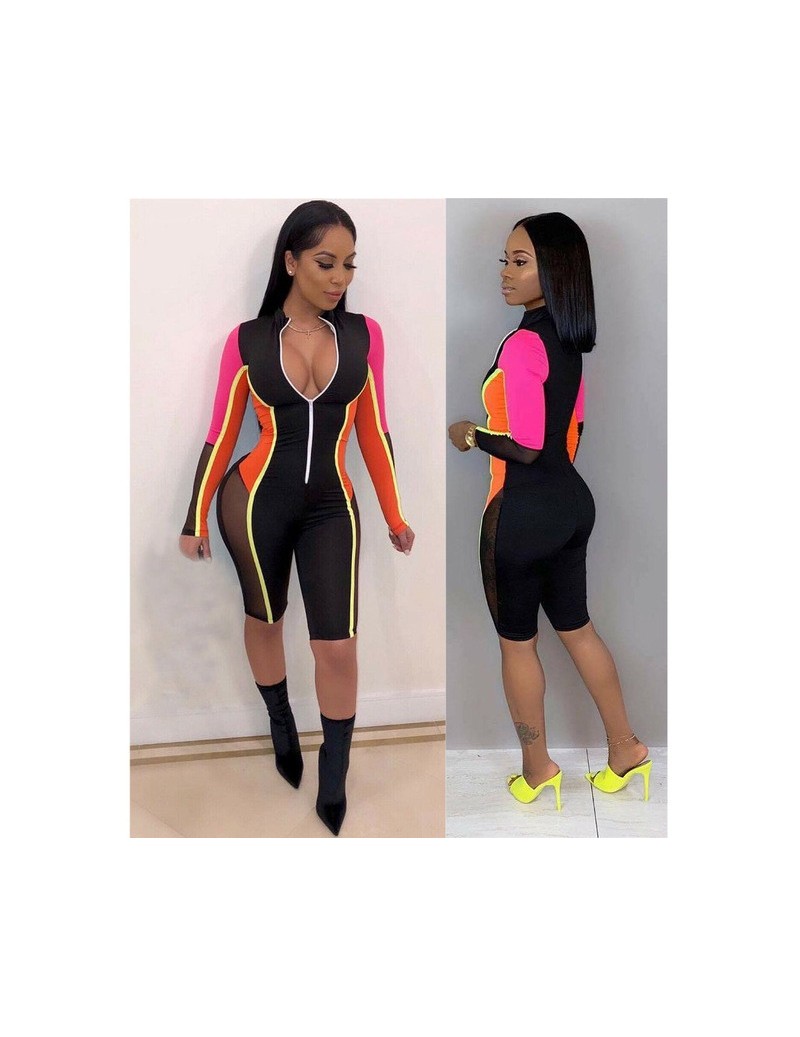 Rompers Women Long Sleeves Cropped Jumpsuit Colors Patchwork Mesh Bodycon Sports Coveralls JS26 - As shown - 4000092318898 $2...
