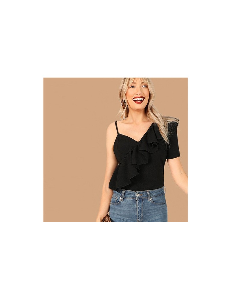 T-Shirts Black Asymmetrical Neck Ruffle Trim Top Slim Fit T Shirt Women Summer High Street Solid Party Club T-shirt Tops - Bl...