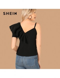 T-Shirts Black Asymmetrical Neck Ruffle Trim Top Slim Fit T Shirt Women Summer High Street Solid Party Club T-shirt Tops - Bl...