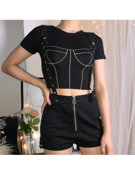 Jeans Punk Rock Bandage Shorts Black Overalls Shorts with Suspender Straps and Bandage Wrap Legs Criss Cross Women Shorts Str...