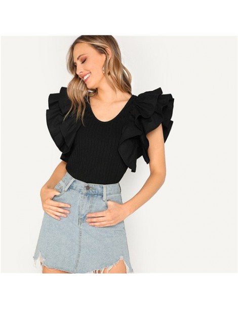 T-Shirts Black Layered Layered Ruffle Sleeve Rib-knit Fitted Tee T-Shirt Women Summer High Street Casual Solid Tshirt Tops - ...
