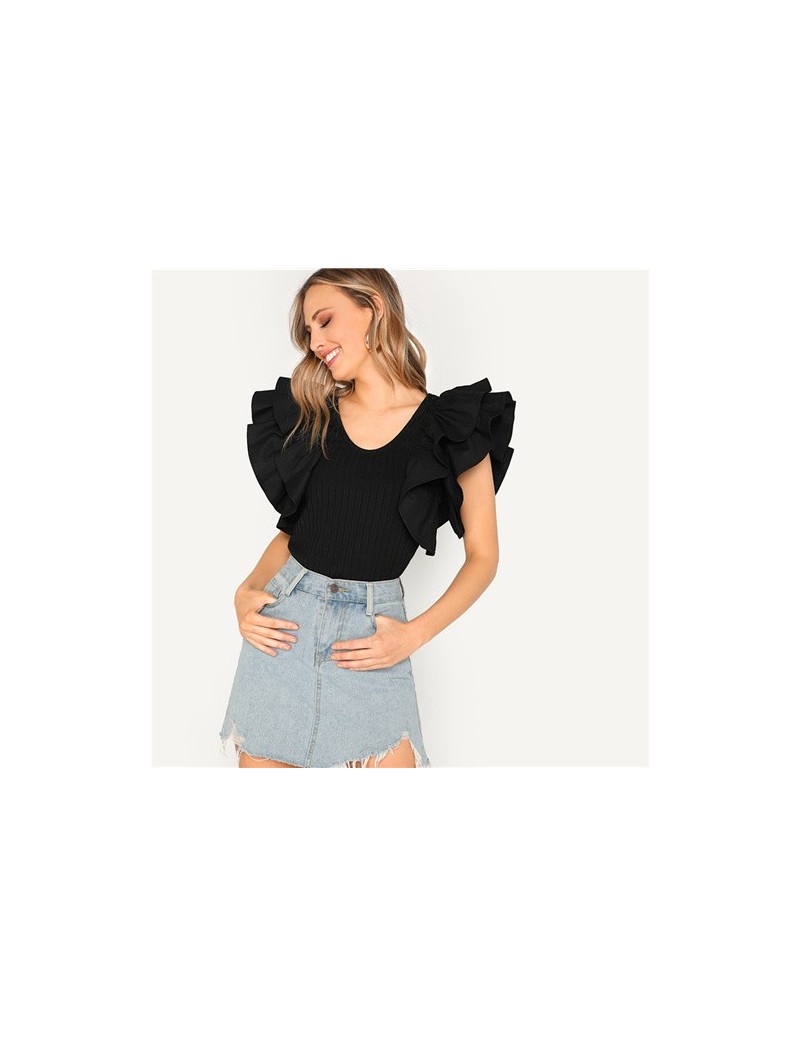 Black Layered Layered Ruffle Sleeve Rib-knit Fitted Tee T-Shirt Women Summer High Street Casual Solid Tshirt Tops - Black - ...
