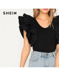 T-Shirts Black Layered Layered Ruffle Sleeve Rib-knit Fitted Tee T-Shirt Women Summer High Street Casual Solid Tshirt Tops - ...