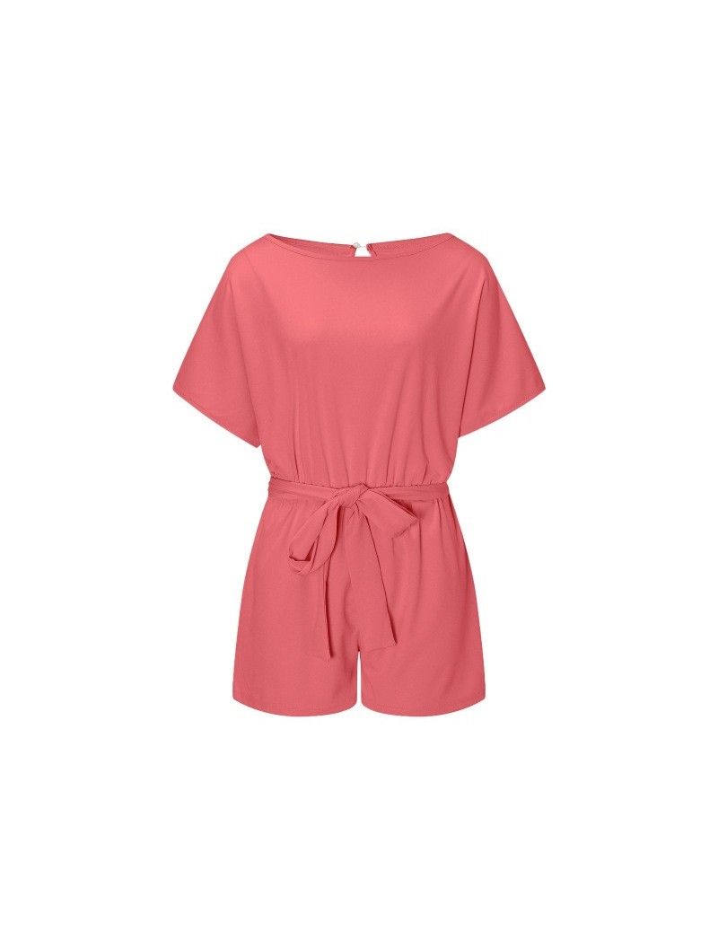 Loose Casual Rompers Streetwear Summer Overalls For Women Bandage With Belt Short Sleeve Playsuit Solid Tunic Pocket - Pink ...