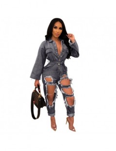 Jumpsuits Fashion Sexy Holes Jeans Jumpsuit Women Overalls Buttons Pockets Long Sleeve Soft Loose Casual Denim Romper Streetw...