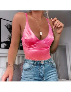 Bodysuits Candy Color Fitted Bodysuit For Women Fashion Outfits Short Jumpsuit Sexy V Neck Glitter Satin Overalls Streetwear ...