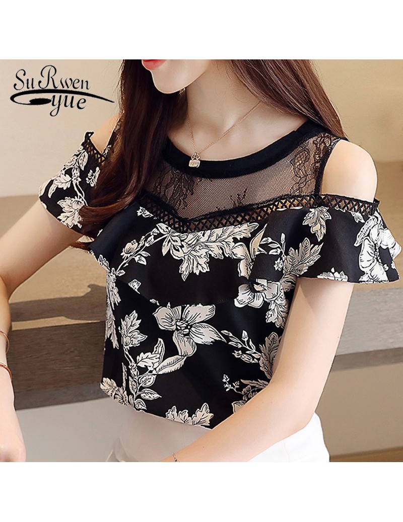 Blouses & Shirts Fashion round collar hollow lace print chiffon blouse shirt womens tops and blouse summer short sleeve off s...
