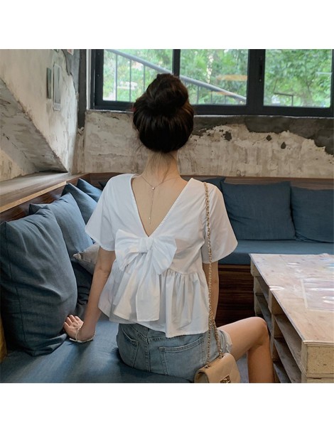 Blouses & Shirts 2019 Hot Sweet Loose Bare Back Bow Summer Elegant Women All Match Solid Fresh Casual Short-Sleeved Shirt 3 C...