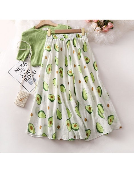 Skirts Summer Women Skirts Fruit Print Avocado Funny Street Style Elastic High Waist Cotton Skirt Jupe Tulle Femme Midi A Lin...