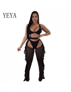 Jumpsuits 3 Piece Set Pearl Beaded Ruffles Women Jumpsuits V Neck Sleeveless Hollow Out Mesh Bodycon Jumpsuit Sexy Club Wear ...