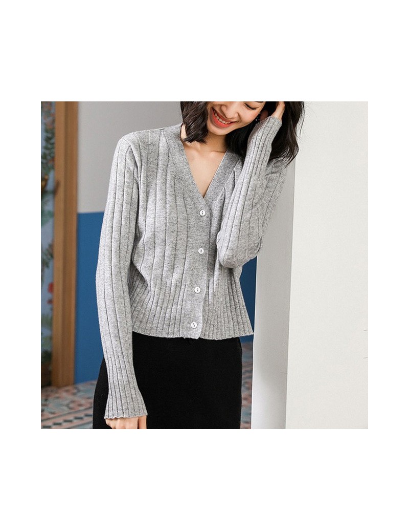 Special offer 2019 Spring Womens Ribbed 100% Wool Pure Cardigan Slim Female Knitted Cropped Sweater Cardigans Solid V-neck B...