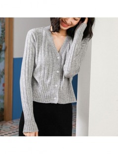 Special offer 2019 Spring Womens Ribbed 100% Wool Pure Cardigan Slim Female Knitted Cropped Sweater Cardigans Solid V-neck B...