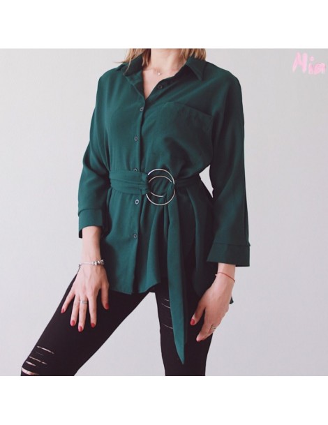 Blouses & Shirts Women Long Blouses 2018 Autumn SpringCasual Buttons Ladies Elegant Lace-up Fitted Waist Retro Tops shirt BL3...