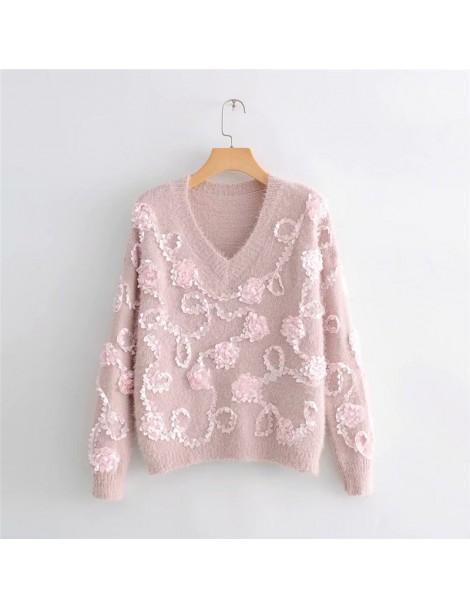 Pullovers 2018 New Autumn Fashion Three-dimensional Flower Petals Sweaters V-neck Long Sleeve Loose Mink Cashmere Pullovers -...