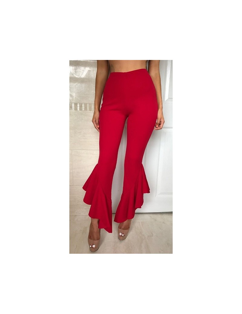 Pants & Capris 2017 new Fashion Women Loose stretch casual High Waist fraled rufles solid Long Pants Palazzo Trousers - Red -...