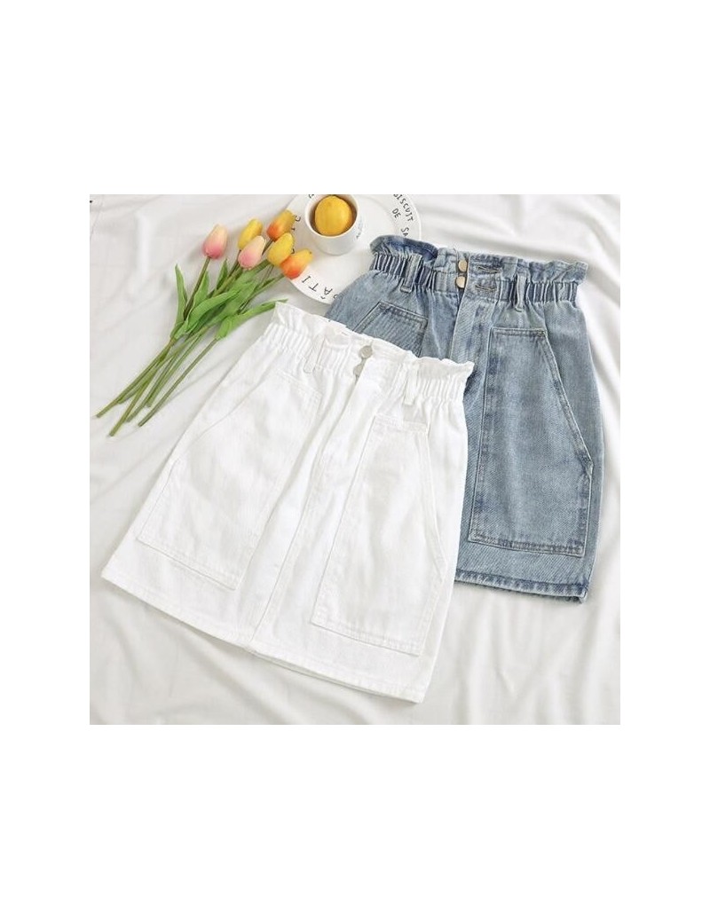 Elastic Waist Summer Women Denim Skirt Pockets Sexy White High waist jeans Skirts A-line Ruffles Female mini saia mujer DA68...
