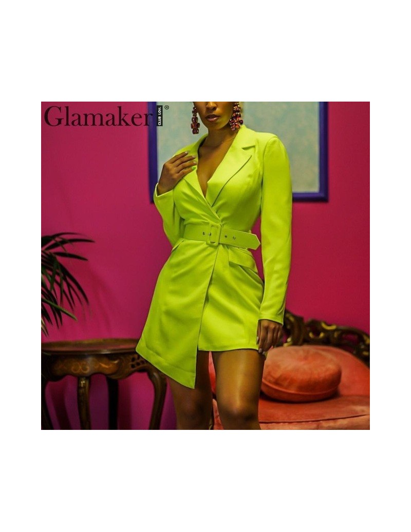 Blazers V neck irregular skinny female blazer Elegant belt neon green mini blazer dress Women streetwear party blazer jacket ...