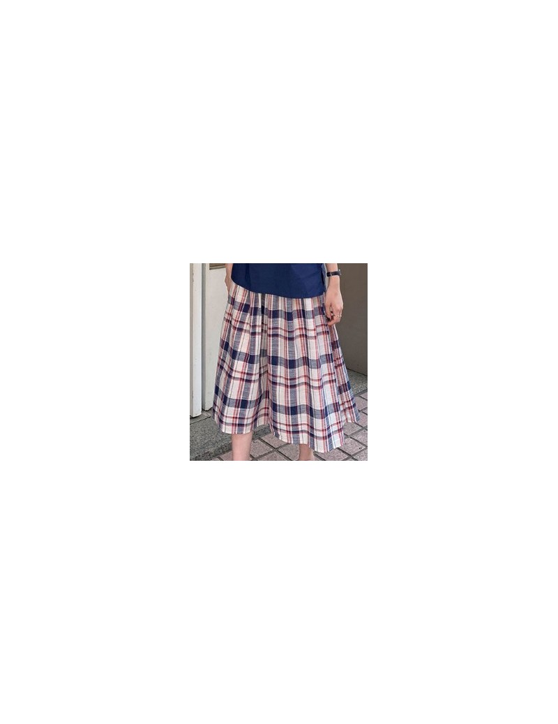 Skirts 2019 autumn korean vintage style high elastic waist long skirts plaid pleated a line skirts womens (X585) - blue red -...