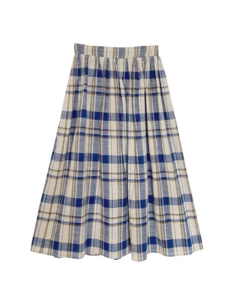 Skirts 2019 autumn korean vintage style high elastic waist long skirts plaid pleated a line skirts womens (X585) - blue red -...