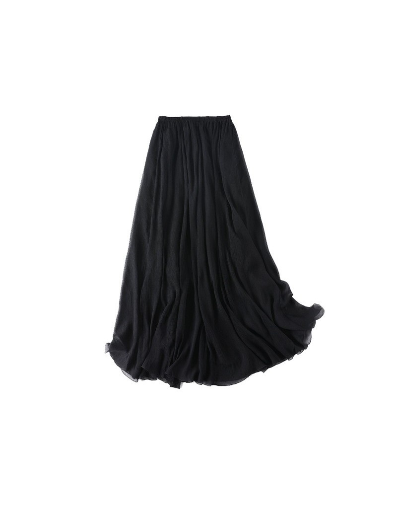 Women Silk Skirt 100%Real Silk Pleated A-Line Skirts Casual Elastic Waist Mid-Calf Length Black Skirt 2019 Fall Winter New -...