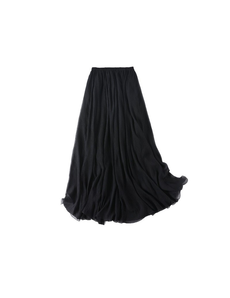 Skirts Women Silk Skirt 100%Real Silk Pleated A-Line Skirts Casual Elastic Waist Mid-Calf Length Black Skirt 2019 Fall Winter...