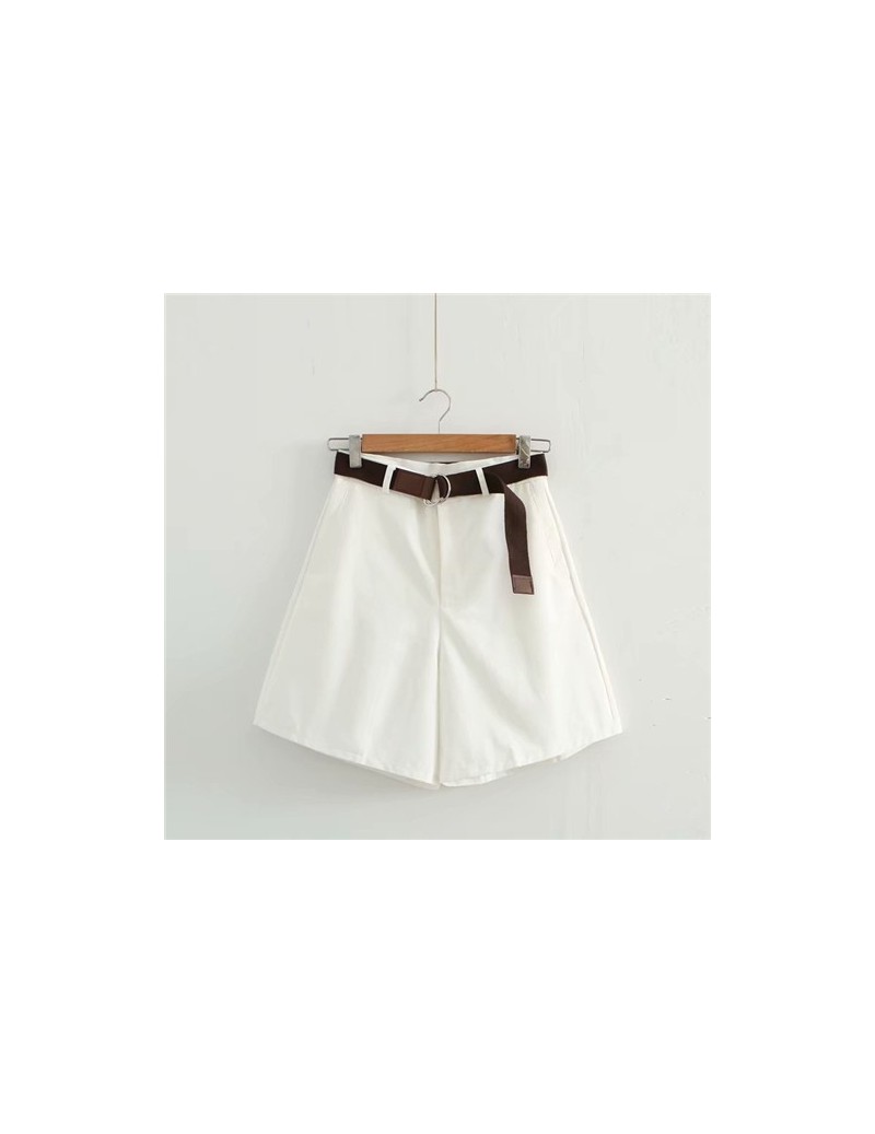 Women's Cotton shorts With Belt Vintage Korean Ladies White High Waisted Denim shorts For Women Caual Loose Short 2019 - Whi...