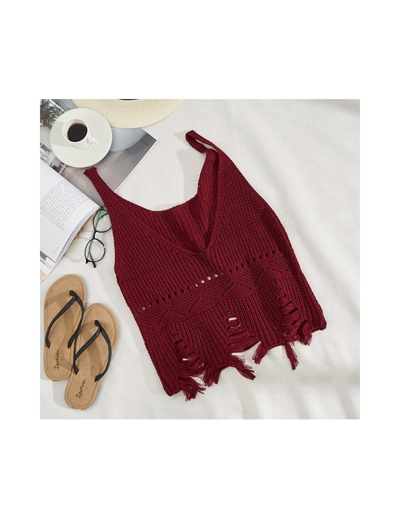 Tank Tops Women V-neck Hollow Out Knitted Tank Tops Solid Tassel Backless Hole Crop Tops Woman's Vest 2019 Summer Fashion Clo...