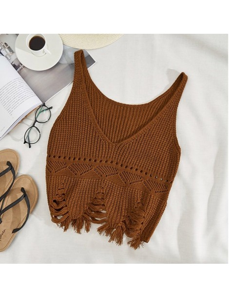 Tank Tops Women V-neck Hollow Out Knitted Tank Tops Solid Tassel Backless Hole Crop Tops Woman's Vest 2019 Summer Fashion Clo...