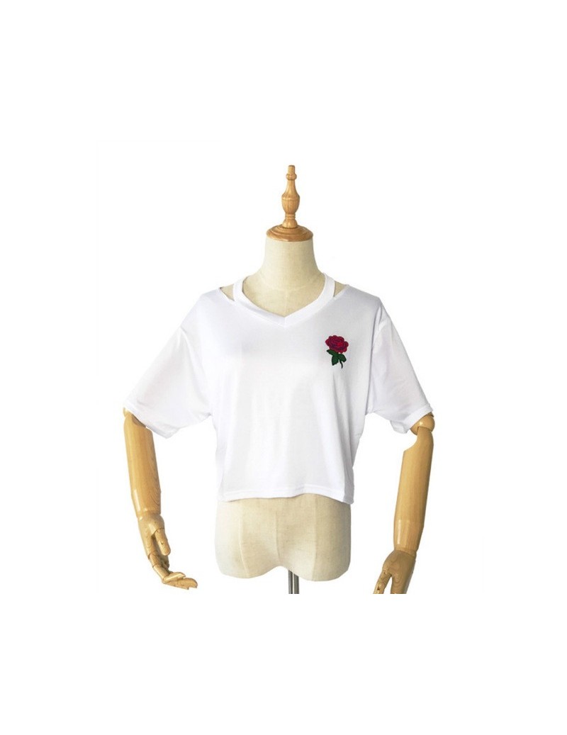 T-Shirts Women Short Floral T Shirt Summer Sexy Hollow Out Short Sleeve Casual Black White Crop Top Rose Embroidery T-shirt N...
