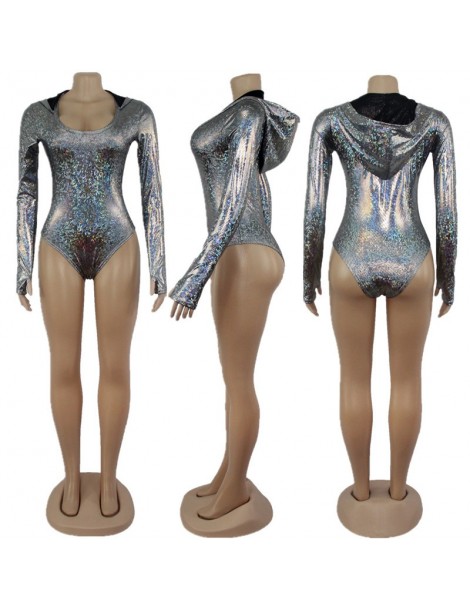 Bodysuits Holographic Bodycon Hooded Bodysuit Women's O Neck Long Sleeves Soft and breathable fabric Leotard Romper Sexy Play...