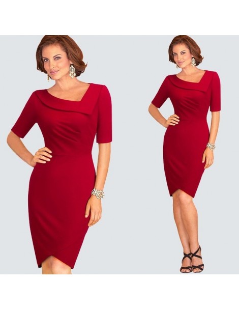 Dresses Casual Summer Short Sleeve Draped Work Office Business Dress Women Elegant Sheath Bodycon Pencil Dress HB327 - Red - ...