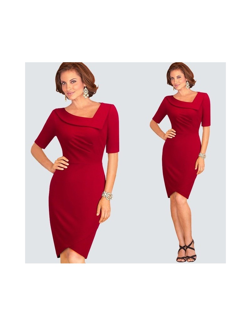 Dresses Casual Summer Short Sleeve Draped Work Office Business Dress Women Elegant Sheath Bodycon Pencil Dress HB327 - Red - ...