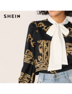Blouses & Shirts Contrast Tie Neck Lantern Sleeve Baroque Print Blouse 2019 Black Spring Autumn Stand Collar Womens Tops and ...