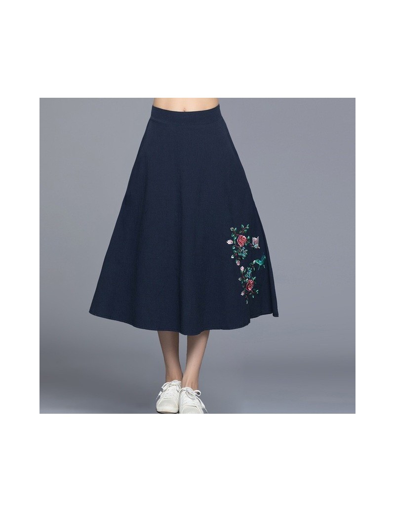 women clothes 2019 women long skirt female Mexico style vintage ethnic long dark blue black red embroidery midi skirt - Blac...