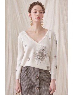 Pullovers French Chic jumper V neck sweater printing flower sweater - White - 4I3065672829-3 $64.25