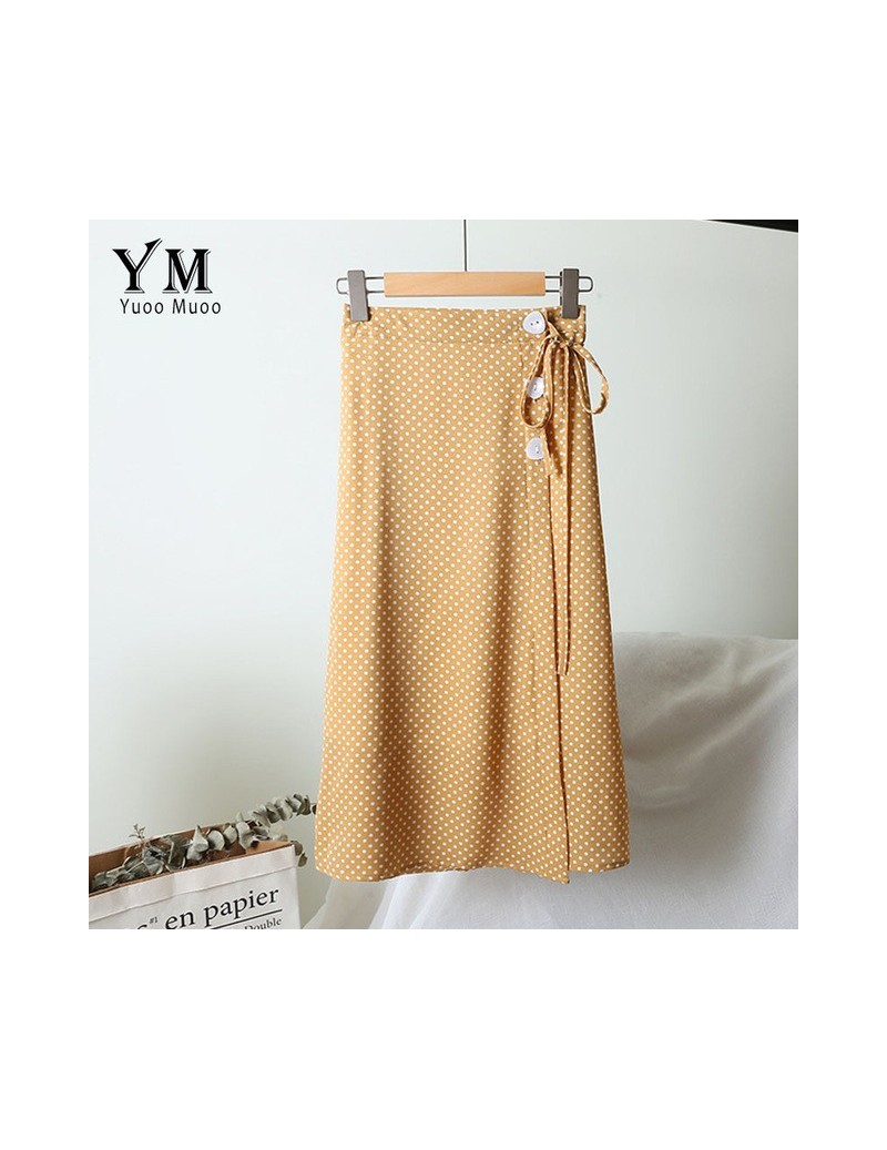 Skirts Side Buttons Design Bandage Vintage Polka Dot Skirt 2019 Summer Women Sweet High Waist Yellow Skirt Literary Midi Dres...