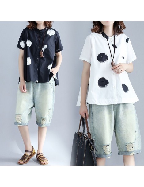 Blouses & Shirts 2019 New Summer Vintage Cotton Linen women blouses Fashion shirt women Dot Printing Tops - white - 484124500...