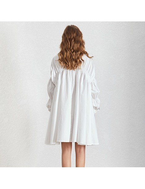 Dresses Summer Casual White Women Dress Stand Collar Puff Sleeve Button Asymmetrical Hem Knee Length Dresses 2019 Fashion - w...