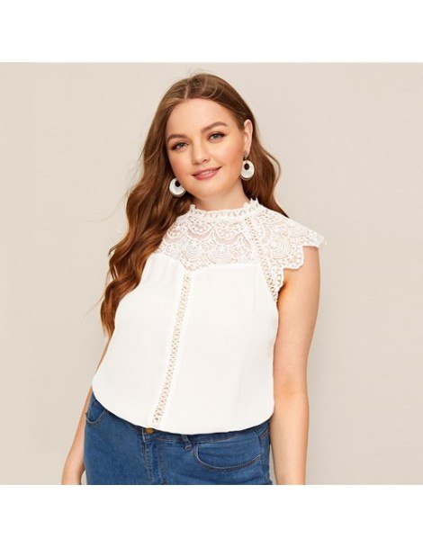 Blouses & Shirts Plus Size White Mock-Neck Guipure Lace Yoke Top Blouse 2019 Women Summer Elegant Contrast Lace Cap Sleeve Bu...