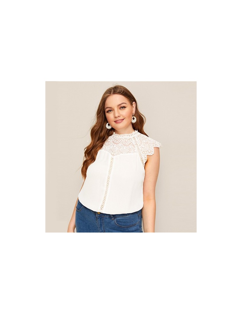 Blouses & Shirts Plus Size White Mock-Neck Guipure Lace Yoke Top Blouse 2019 Women Summer Elegant Contrast Lace Cap Sleeve Bu...