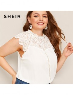 Blouses & Shirts Plus Size White Mock-Neck Guipure Lace Yoke Top Blouse 2019 Women Summer Elegant Contrast Lace Cap Sleeve Bu...