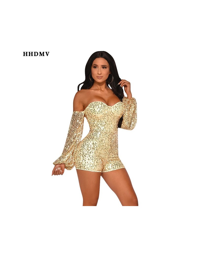 summer sexy club style jumpsuits long sleeve card shoulder sequins decoration tight 2 color jumpsuits short pants - Gold - 4...