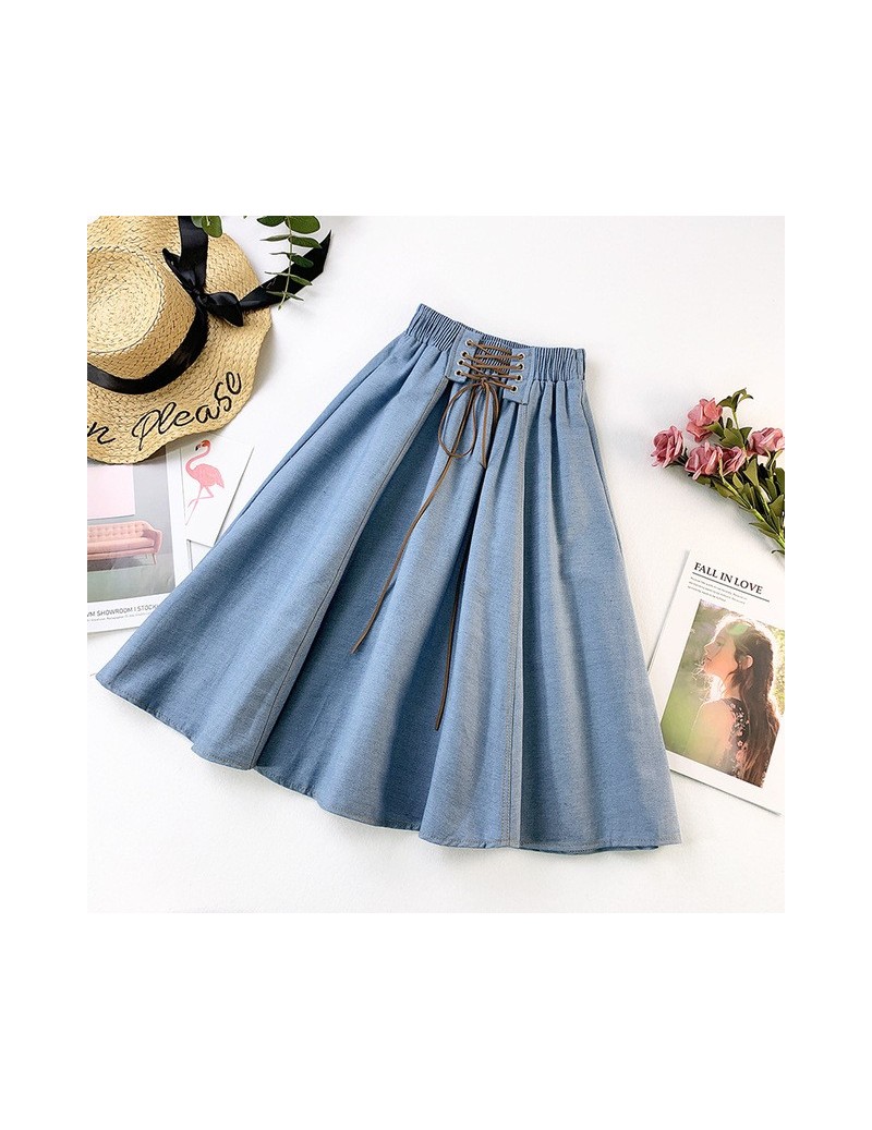 2019 Spring summer women's high waist denim skirt fashion slim A word big pleated denim skirt lace art umbrella skirt female...