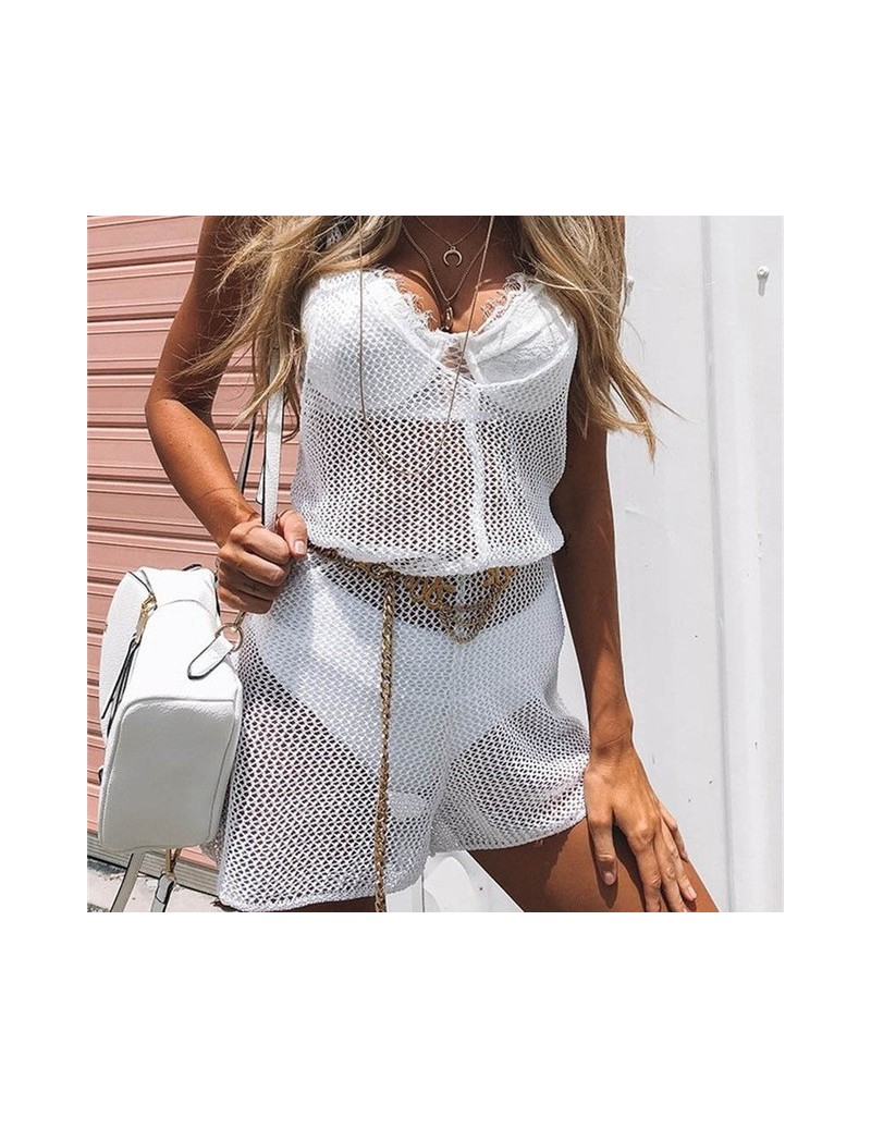 Rompers Fashion Neon Mesh Fishnet Playsuits V-Neck Sexy Backless Romper Womens Jumpsuit Hollow Out Overalls Streetwear - whit...