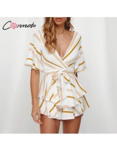 Rompers Deep V Neck Summer Jumpsuit Romper Women Short Pants Backless Lace Up Playsuit Striped Print Casual Romper - YELLOW -...