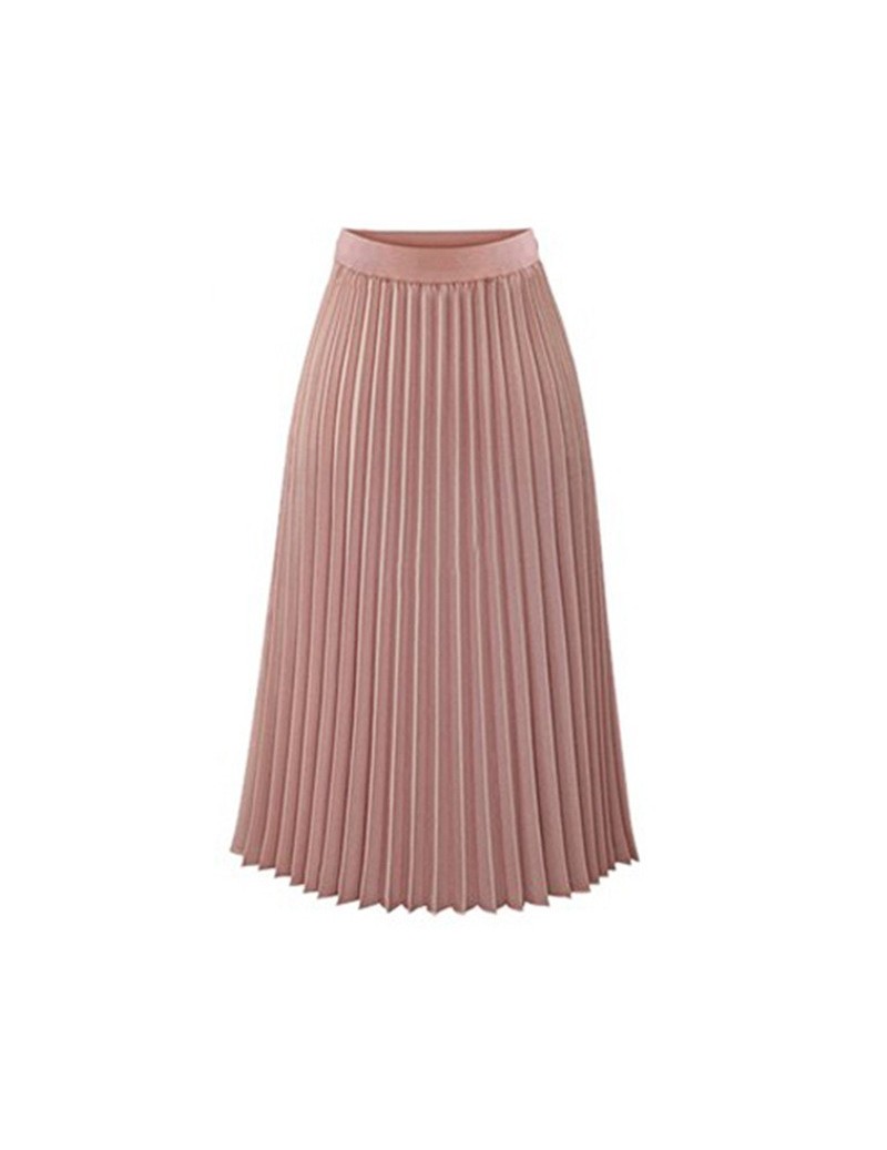 Skirts Women Long Pleated Skirt Casual Elastic Waist Swing Flared Skater Midi Skirt -MX8 - Pink - 484160336193-2 $34.59